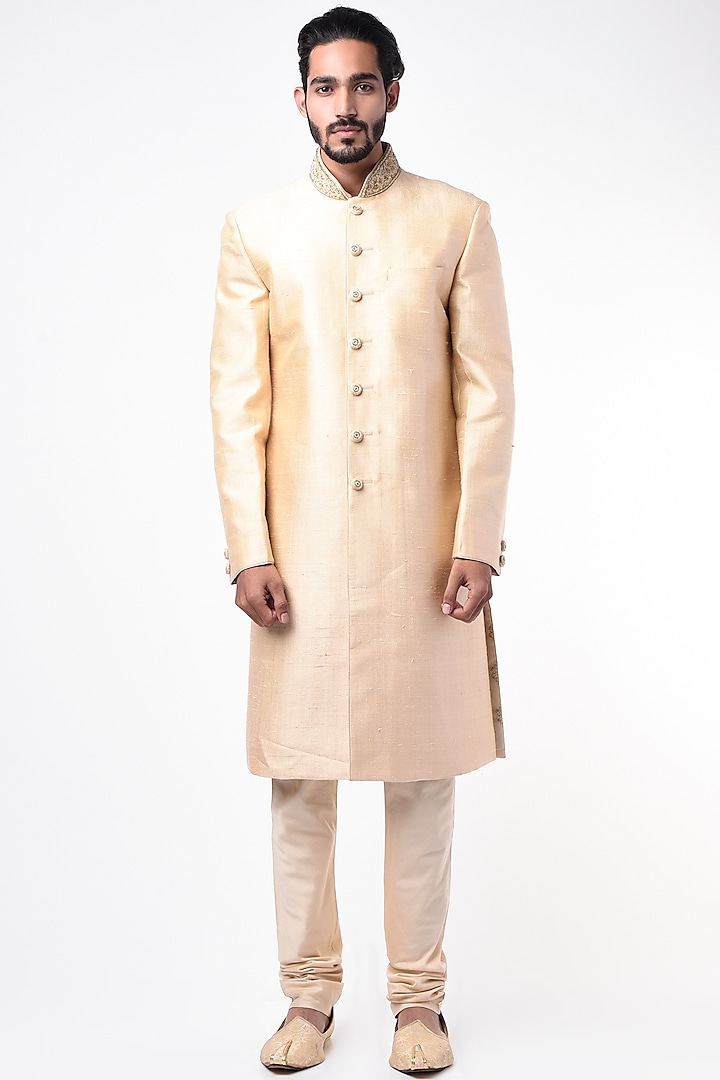 Beige Sherwani Set In Matka Silk by Vanshik