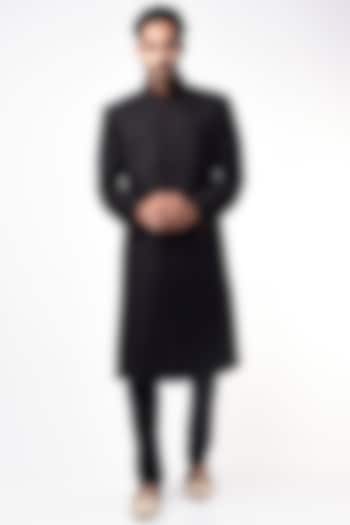 Black Silk Pashmina Wedding Sherwani Set by Vanshik at Pernia's Pop Up Shop