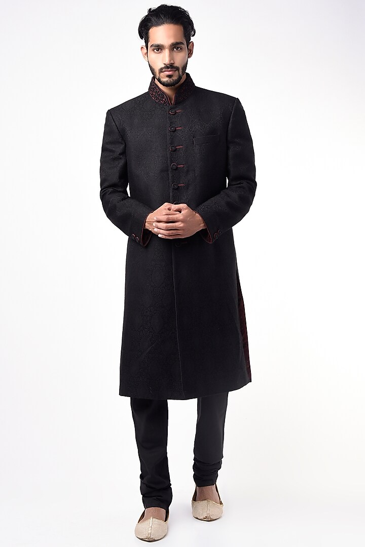 Black Silk Pashmina Wedding Sherwani Set by Vanshik at Pernia's Pop Up Shop