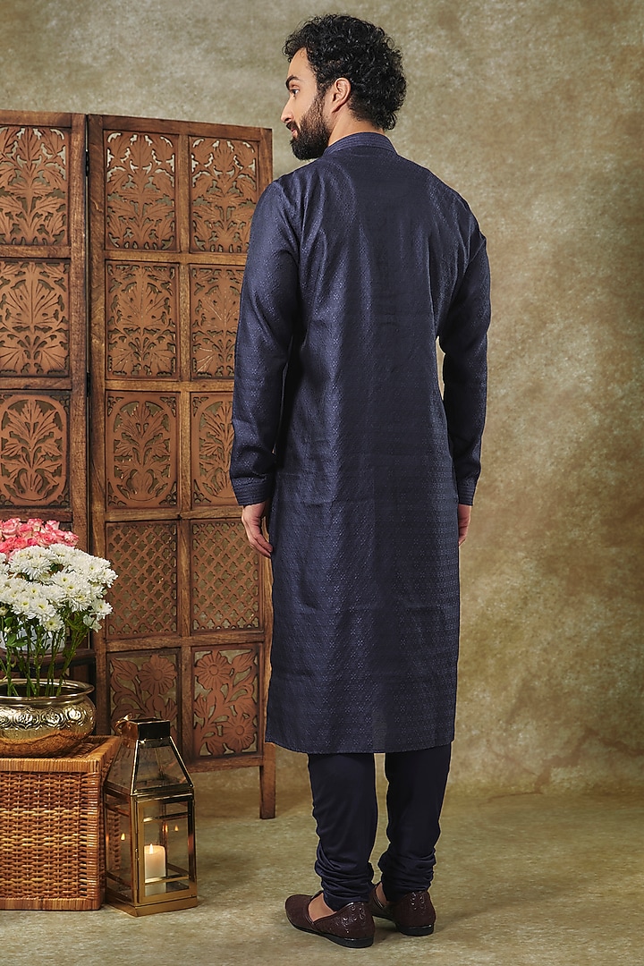Blue Silk Jacquard Kurta Set by Vanshik at Pernia's Pop Up Shop