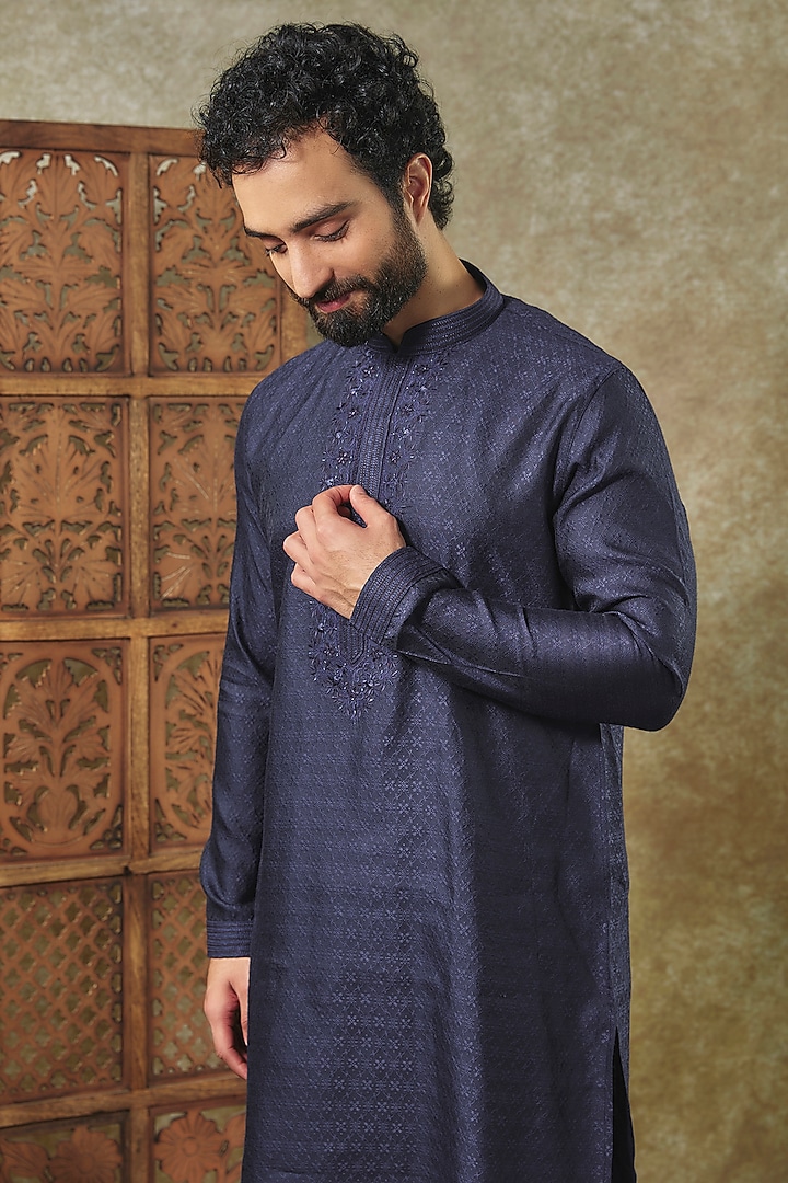 Blue Silk Jacquard Kurta Set by Vanshik at Pernia's Pop Up Shop