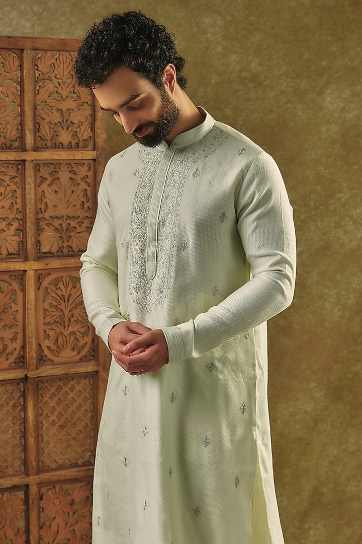 Mint Green Silk Jacquard Kurta Set by Vanshik at Pernia's Pop Up Shop