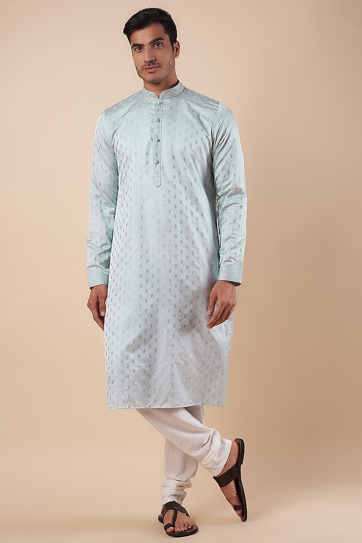 Pastel Blue Silk Jacquard Kurta Set by Vanshik