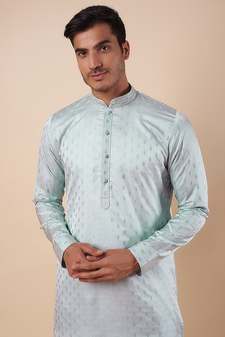 Pastel Blue Silk Jacquard Kurta Set by Vanshik at Pernia's Pop Up Shop