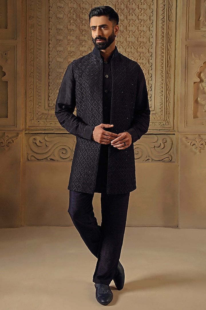 Blue Raw Silk Pearl Embroidered Indowestern Set by Vanshik