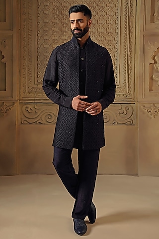Blue Raw Silk Pearl Embroidered Indowestern Set by Vanshik
