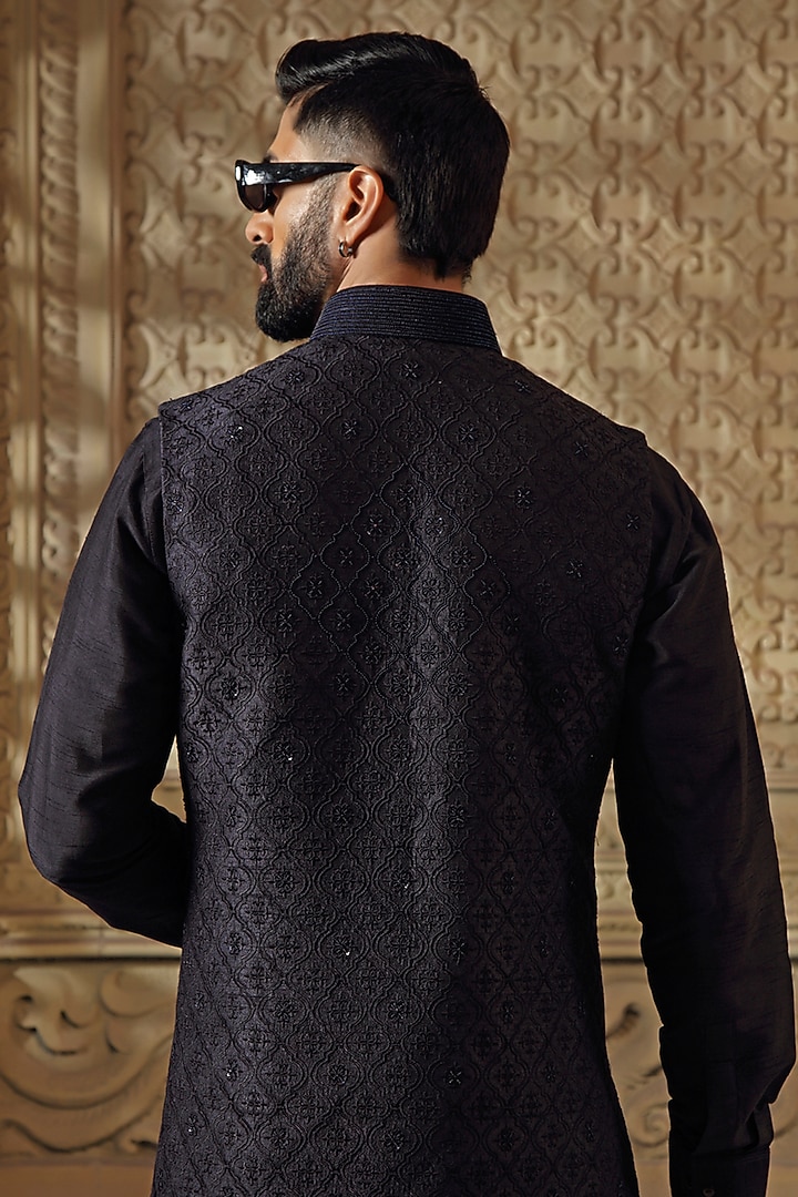Blue Raw Silk Pearl Embroidered Wedding Indowestern Set by Vanshik at Pernia's Pop Up Shop