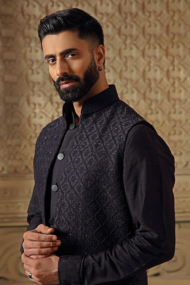 Blue Raw Silk Pearl Embroidered Wedding Indowestern Set by Vanshik at Pernia's Pop Up Shop