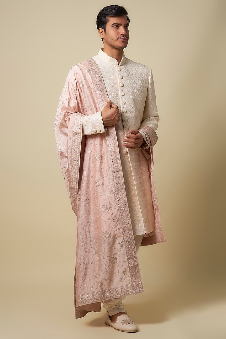 Blush Pink Silk Blend Embroidered Shawl by Vanshik at Pernia's Pop Up Shop