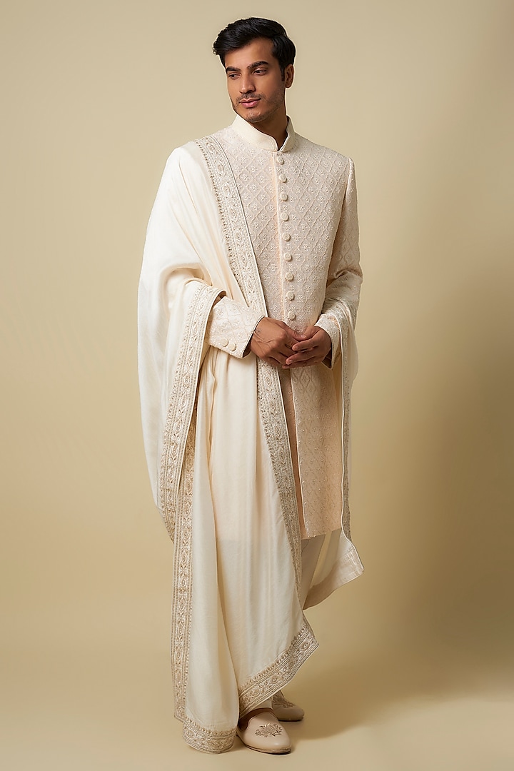 Cream Silk Blend Embroidered Shawl by Vanshik