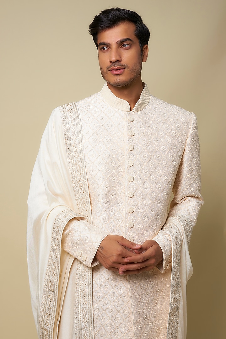 Cream Silk Blend Embroidered Shawl by Vanshik at Pernia's Pop Up Shop