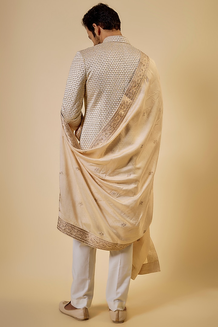 Gold Silk Blend Motif Hand Embroidered Dupatta by Vanshik at Pernia's Pop Up Shop