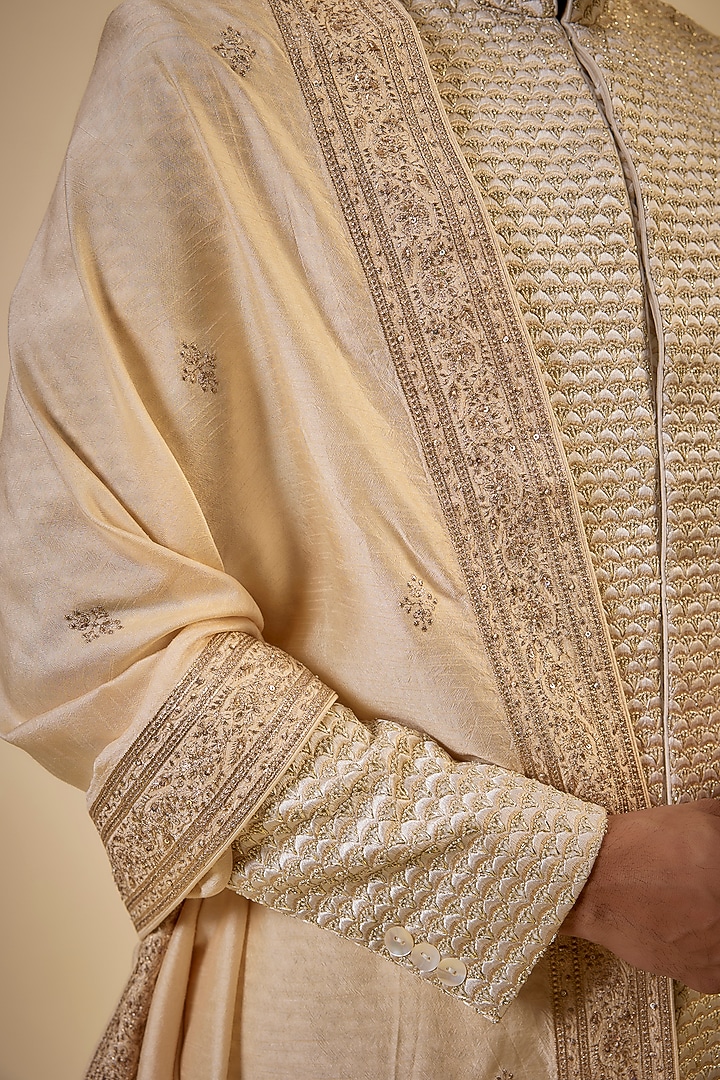 Gold Silk Blend Motif Hand Embroidered Dupatta by Vanshik at Pernia's Pop Up Shop