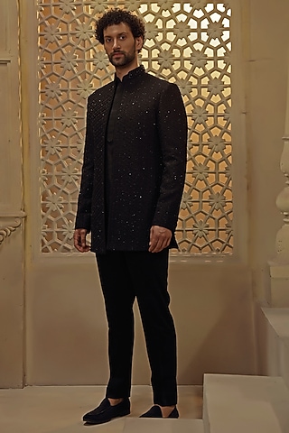 Black Silk Blend Diamond Embroidered Indo-Western Set by Vanshik