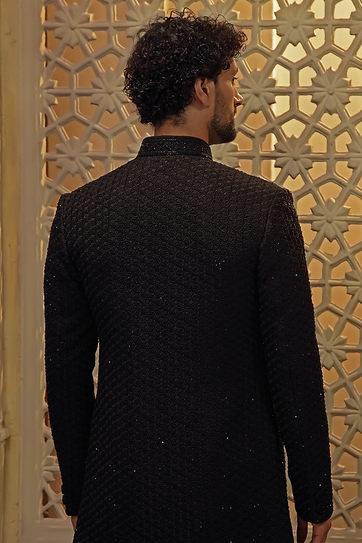 Black Silk Blend Diamond Embroidered Indo-Western Set by Vanshik at Pernia's Pop Up Shop