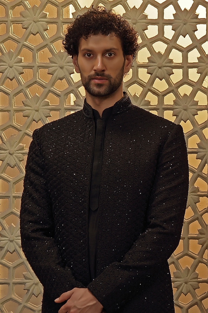 Black Silk Blend Diamond Embroidered Indo-Western Set by Vanshik at Pernia's Pop Up Shop