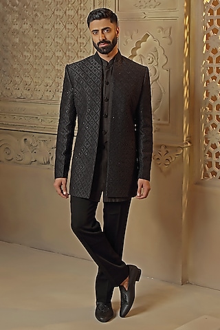 Dark Navy Blue Raw Silk Pearl Embroidered Indowestern Set by Vanshik