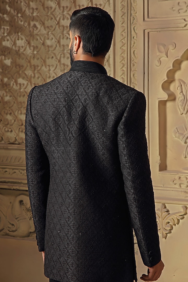 Dark Navy Blue Raw Silk Pearl Embroidered Wedding Indowestern Set by Vanshik at Pernia's Pop Up Shop