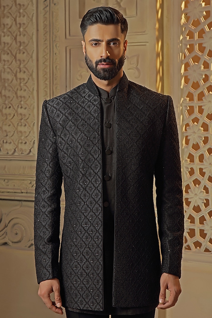Dark Navy Blue Raw Silk Pearl Embroidered Wedding Indowestern Set by Vanshik at Pernia's Pop Up Shop