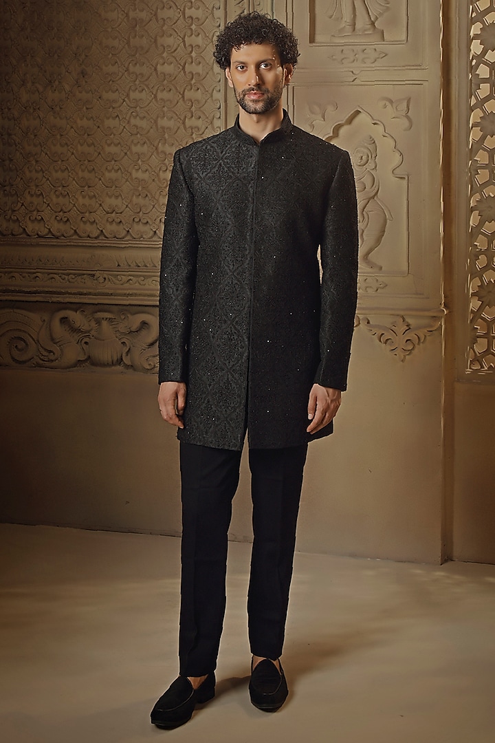 Black Raw Silk Cut-Diamond Embroidered Indo-Western Set by Vanshik