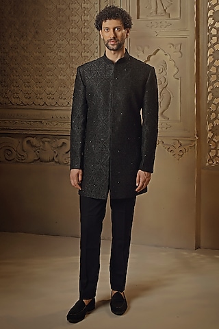 Black Raw Silk Cut-Diamond Embroidered Indo-Western Set by Vanshik