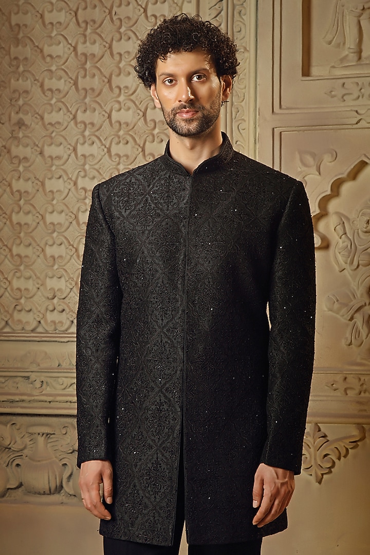 Black Raw Silk Cut-Diamond Embroidered Indo-Western Set by Vanshik at Pernia's Pop Up Shop