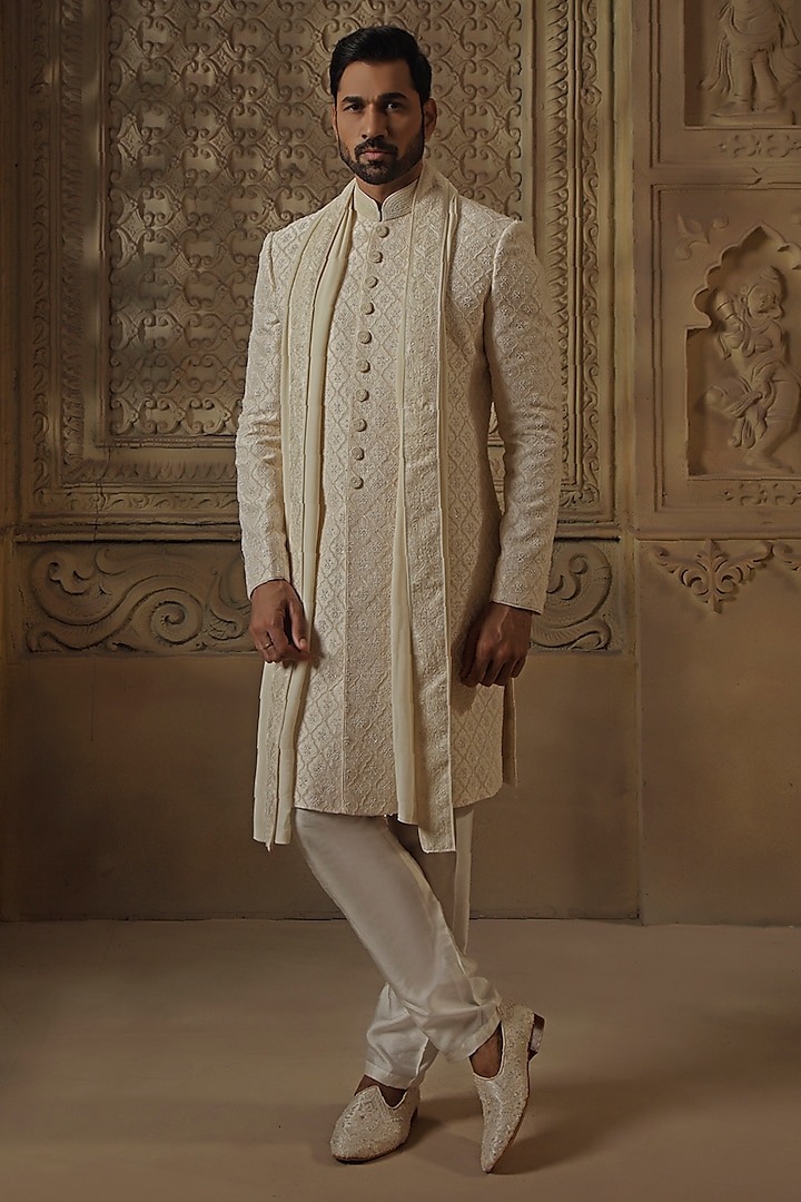 Pearl-Colored Raw Silk Pearl Embroidered Sherwani Set by Vanshik