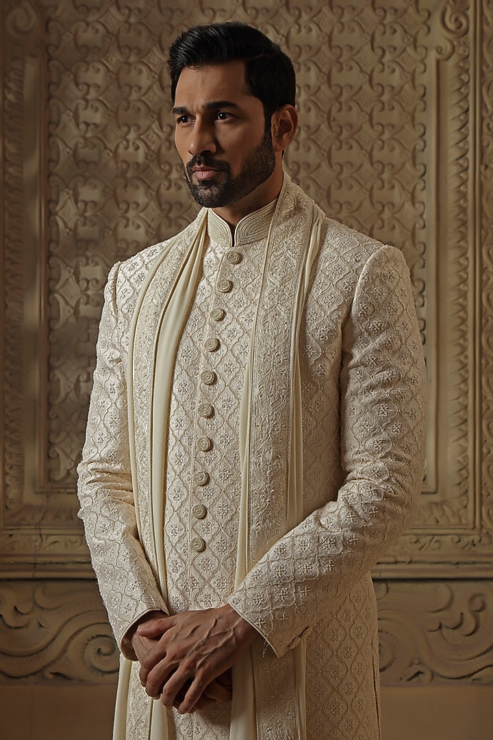 Pearl-Colored Raw Silk Pearl Embroidered Groom Sherwani Set by Vanshik at Pernia's Pop Up Shop