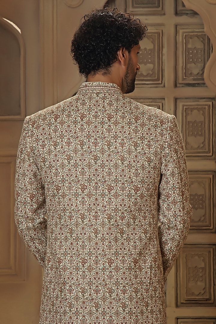 Cream Pashmina Silk Blend Kashmiri Embroidered Groom Sherwani Set by Vanshik at Pernia's Pop Up Shop