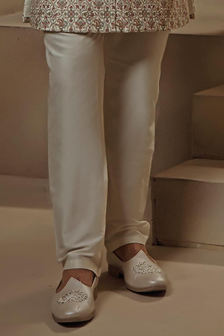 Cream Pashmina Silk Blend Kashmiri Embroidered Groom Sherwani Set by Vanshik at Pernia's Pop Up Shop