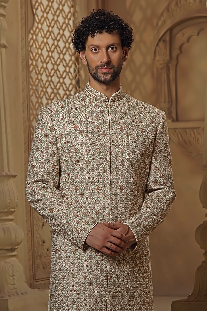 Cream Pashmina Silk Blend Kashmiri Embroidered Groom Sherwani Set by Vanshik at Pernia's Pop Up Shop