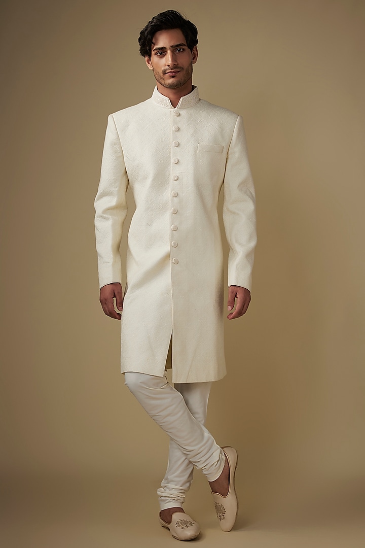 Ivory Silk Embroidered Sherwani Set by Vanshik