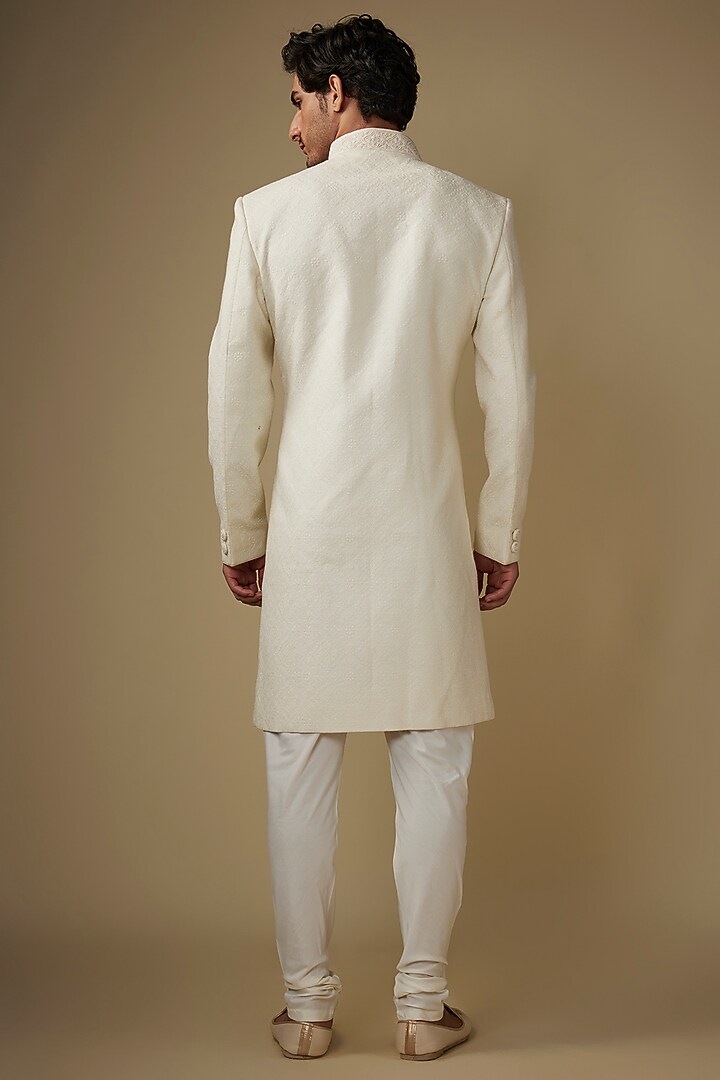 Ivory Silk Embroidered Sherwani Set by Vanshik at Pernia's Pop Up Shop