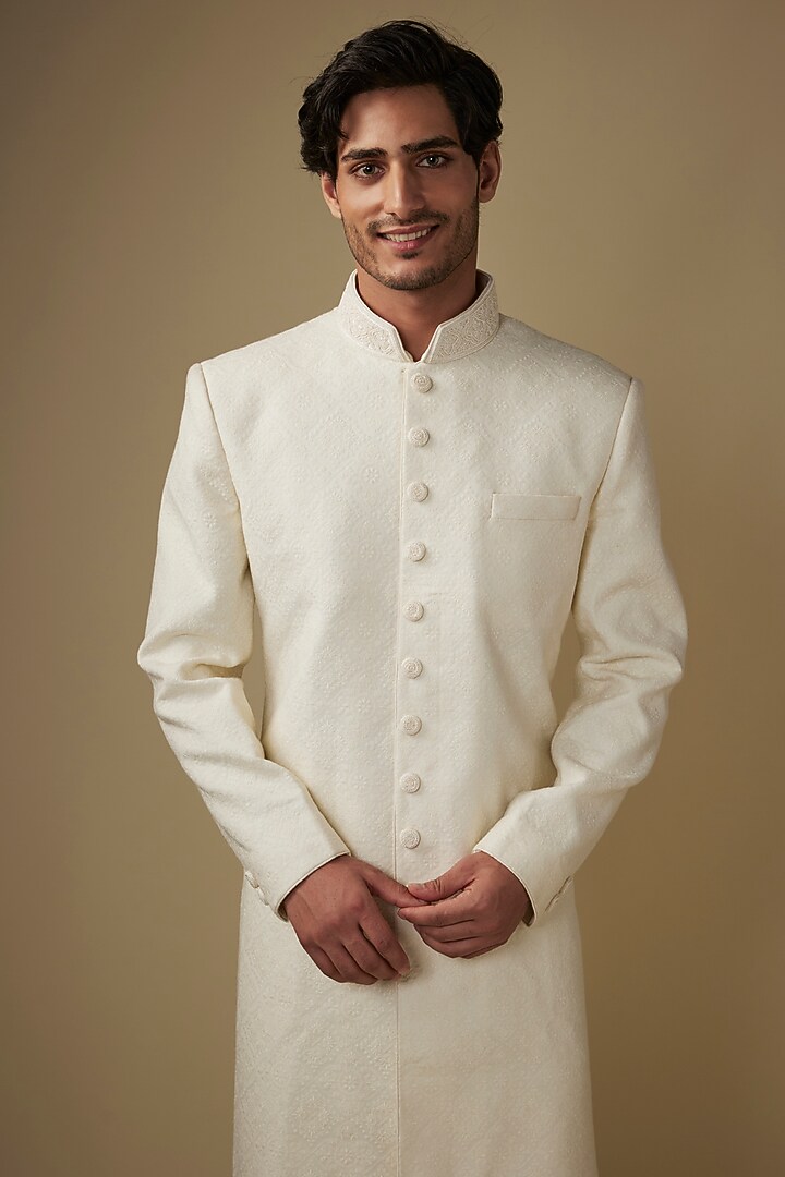 Ivory Silk Embroidered Sherwani Set by Vanshik at Pernia's Pop Up Shop