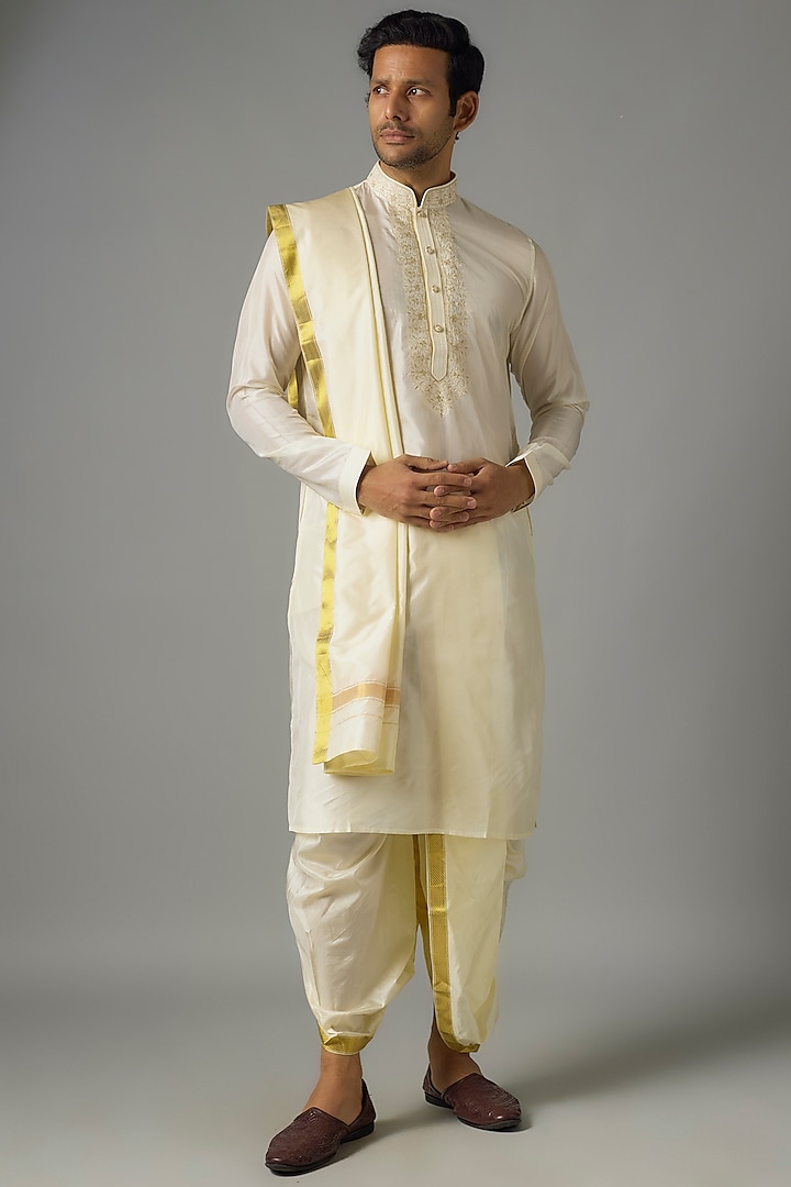 Cream Silk Pattu Kurta Set by Vanshik