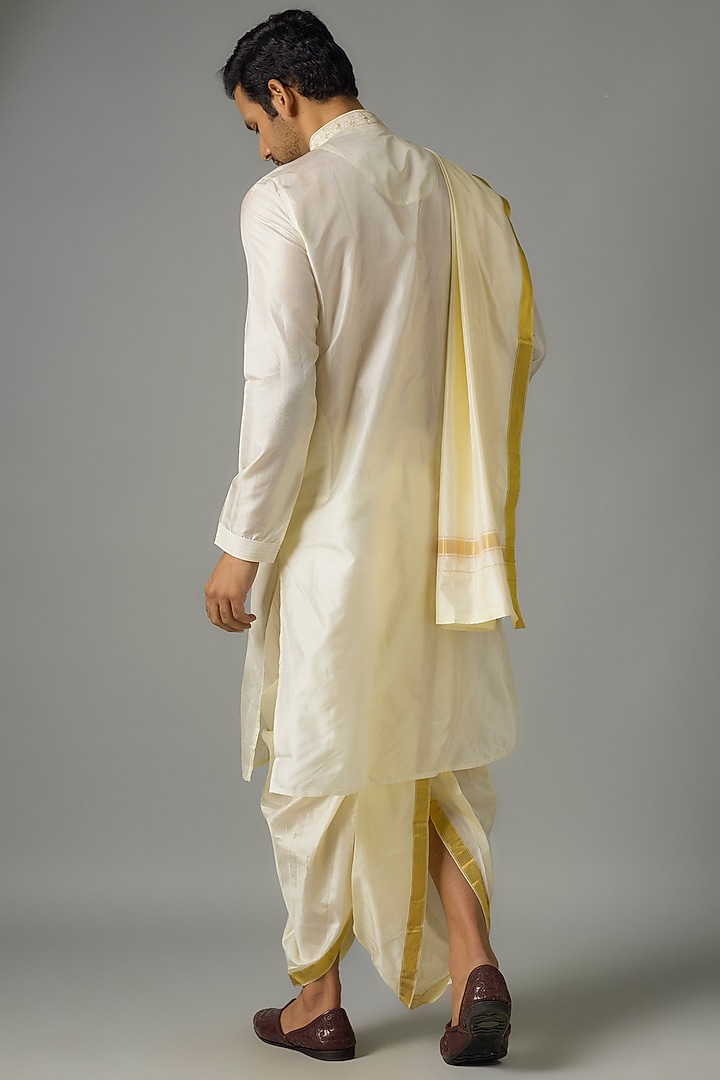 Cream Silk Pattu Kurta Set by Vanshik at Pernia's Pop Up Shop