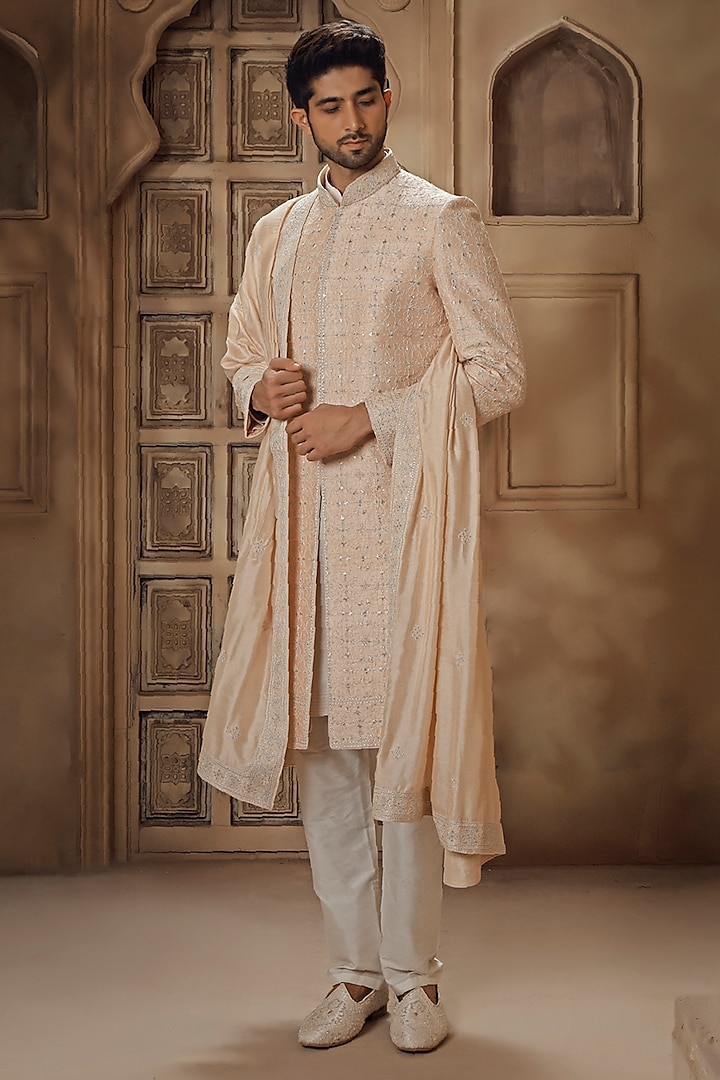 Blush Pink Raw Silk Jaal Embroidered Sherwani Set by Vanshik