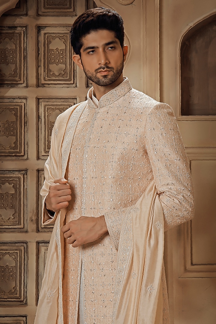 Blush Pink Raw Silk Jaal Embroidered Groom Sherwani Set by Vanshik at Pernia's Pop Up Shop