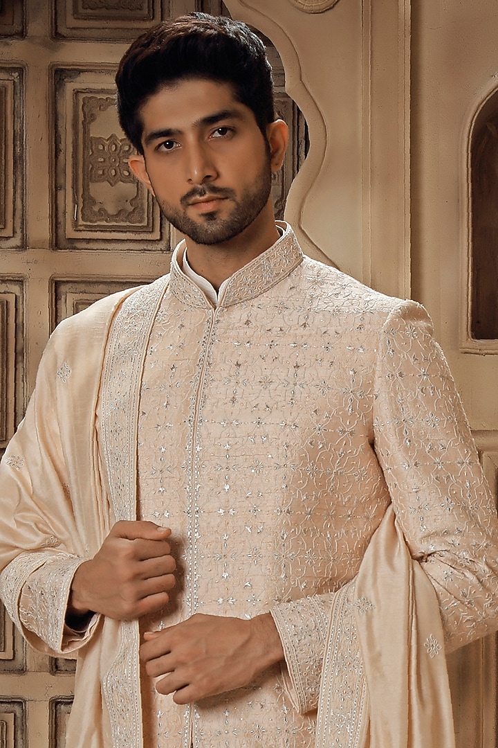 Blush Pink Raw Silk Jaal Embroidered Groom Sherwani Set by Vanshik at Pernia's Pop Up Shop