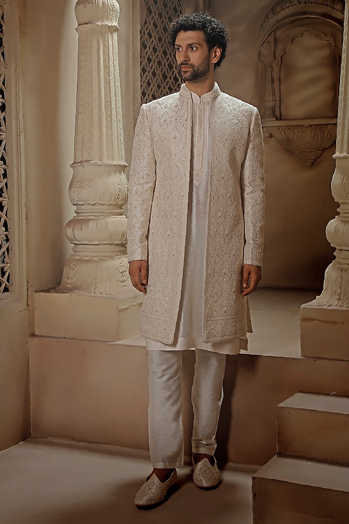 Pearl White Raw Silk Jaal Embroidered Sherwani Set by Vanshik