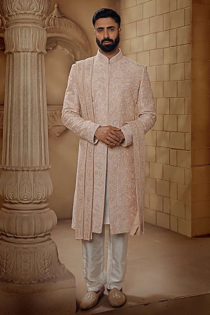 Dull Rose Pink Raw Silk Cutdana Embroidered Sherwani Set by Vanshik