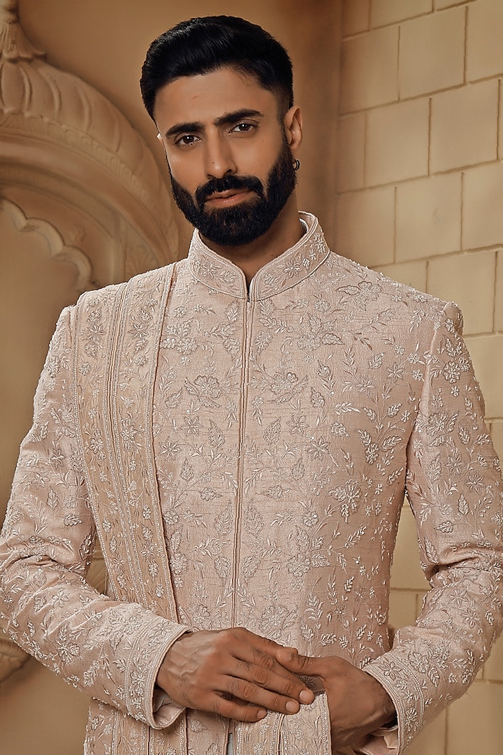 Dull Rose Pink Raw Silk Cutdana Embroidered Groom Sherwani Set by Vanshik at Pernia's Pop Up Shop
