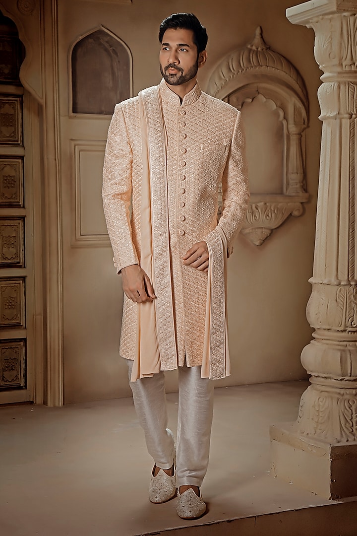 Pearl White Silk Digital Embroidered Sherwani Set by Vanshik