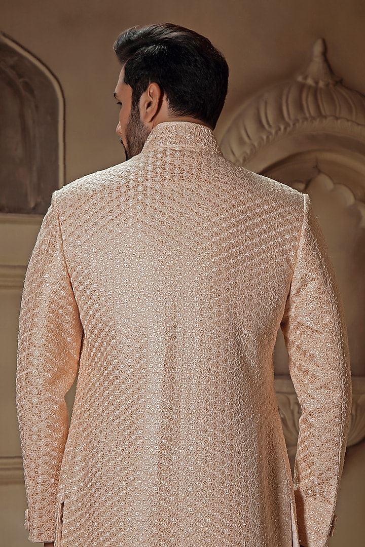 Pearl White Silk Digital Embroidered Groom Sherwani Set by Vanshik at Pernia's Pop Up Shop