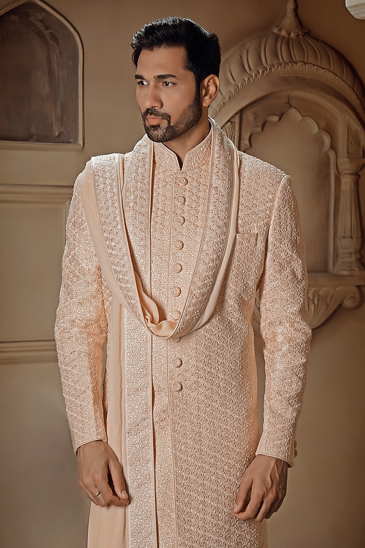 Pearl White Silk Digital Embroidered Groom Sherwani Set by Vanshik at Pernia's Pop Up Shop