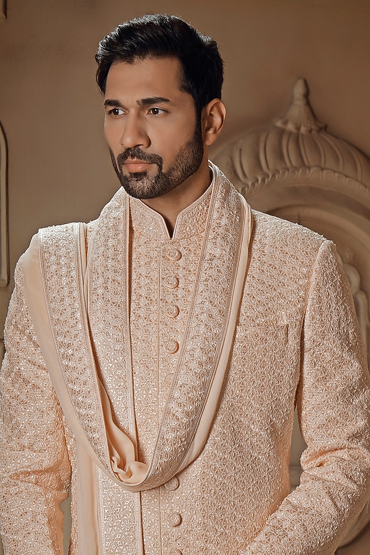 Pearl White Silk Digital Embroidered Groom Sherwani Set by Vanshik at Pernia's Pop Up Shop