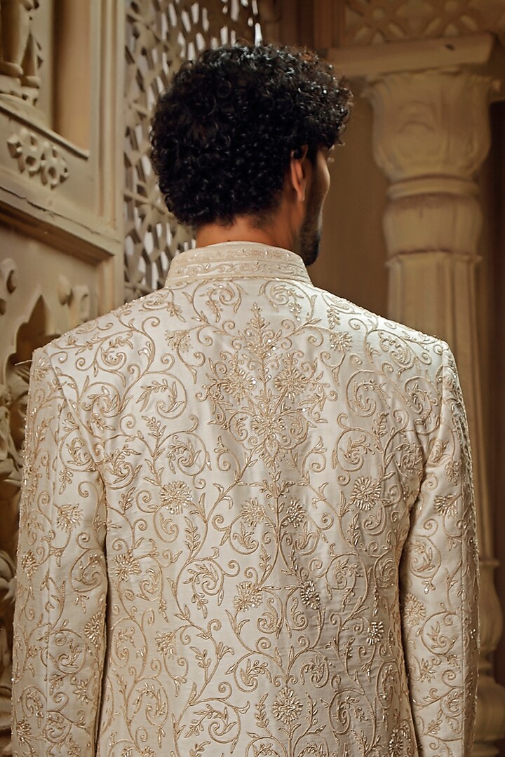 Pearl White Spun Silk Dori Embroidered Groom Sherwani Set by Vanshik at Pernia's Pop Up Shop