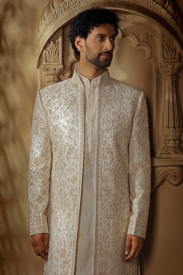 Pearl White Spun Silk Dori Embroidered Groom Sherwani Set by Vanshik at Pernia's Pop Up Shop