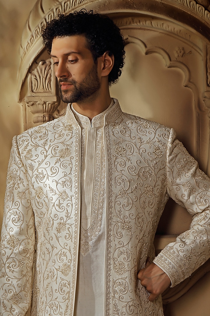 Pearl White Spun Silk Dori Embroidered Groom Sherwani Set by Vanshik at Pernia's Pop Up Shop