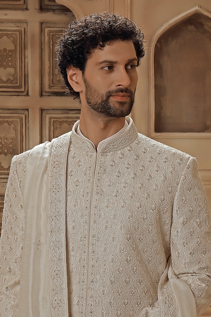 Pearl White Raw Silk Resham Embroidered Groom Sherwani Set by Vanshik at Pernia's Pop Up Shop
